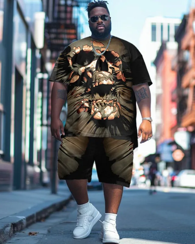 Men's Plus Size Street Fashion Abstract Skull Print T-Shirt Shorts Suit sold by Biggmans