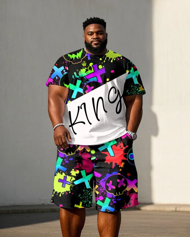 Men's Plus Size Street Graffiti King Print Short Sleeve T-Shirt Shorts Suit sold by Biggmans