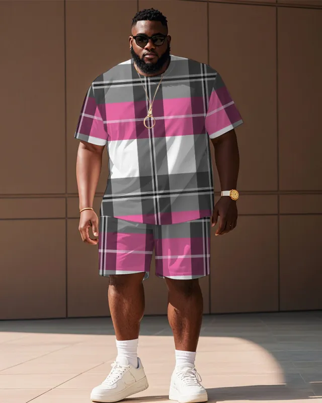 Men's Plus Size Street Pink Plaid Print Short Sleeve T-Shirt Shorts Suit sold by Biggmans