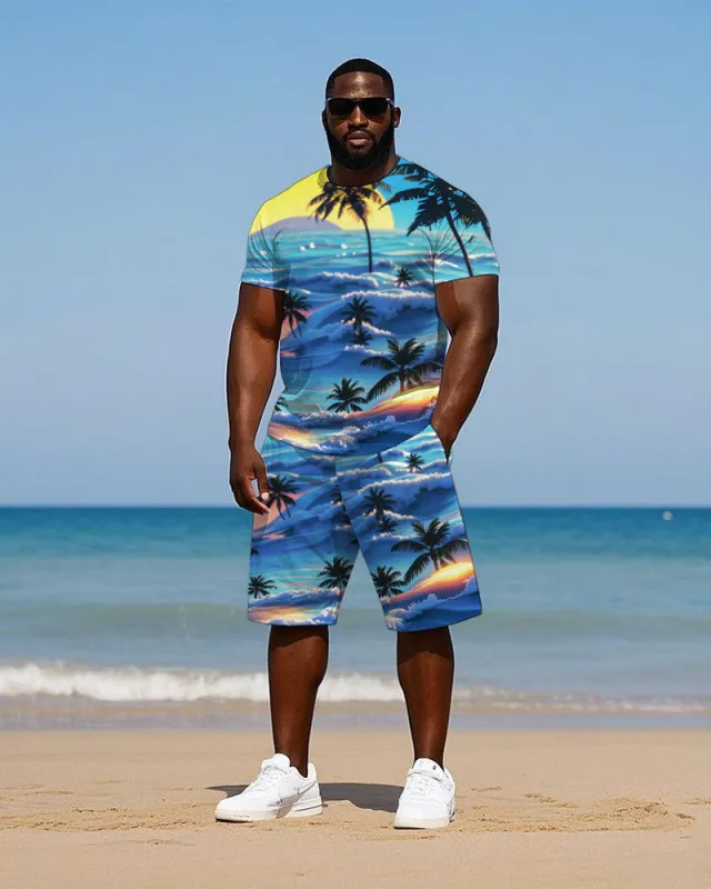 Big Men's Hawaiian Seaside Sunset Coconut Trees Printed Short Sleeve T-shirt and Shorts Set sold by Biggmans