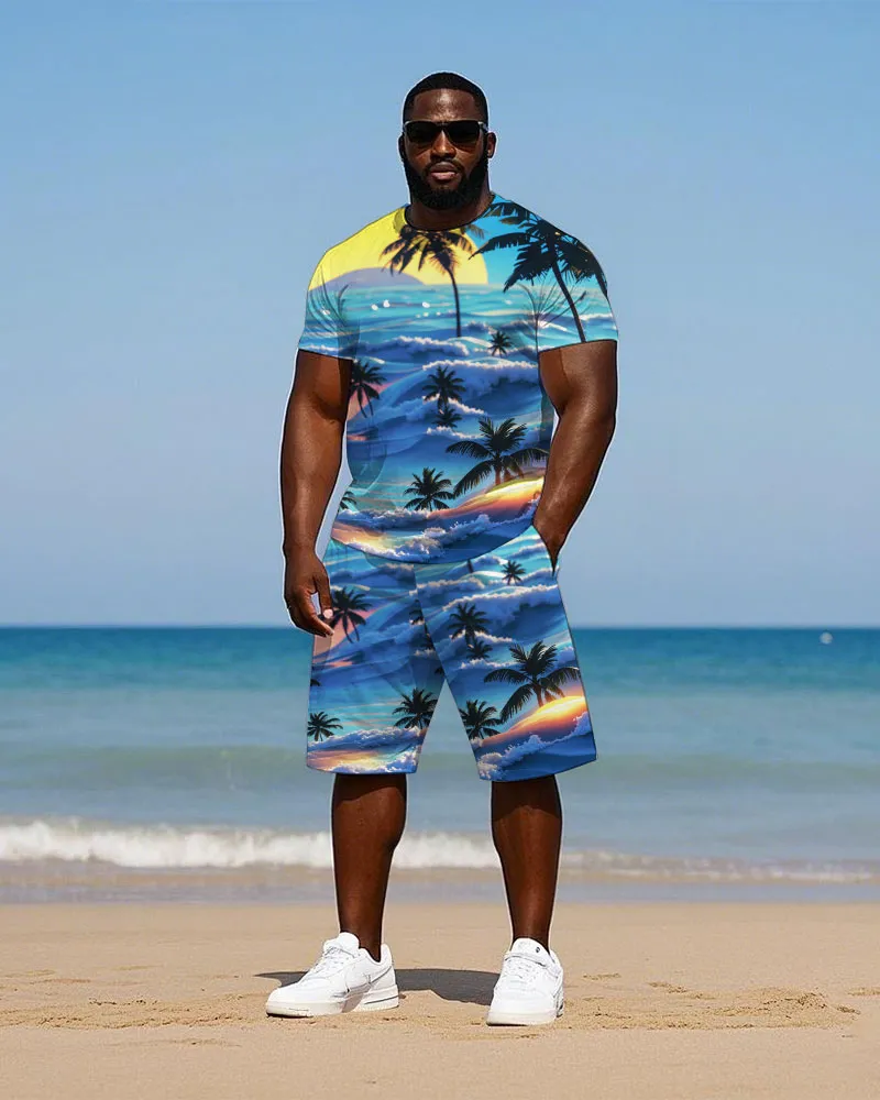 Big Men's Hawaiian Seaside Sunset Coconut Trees Printed Short Sleeve T-shirt and Shorts Set sold by Biggmans