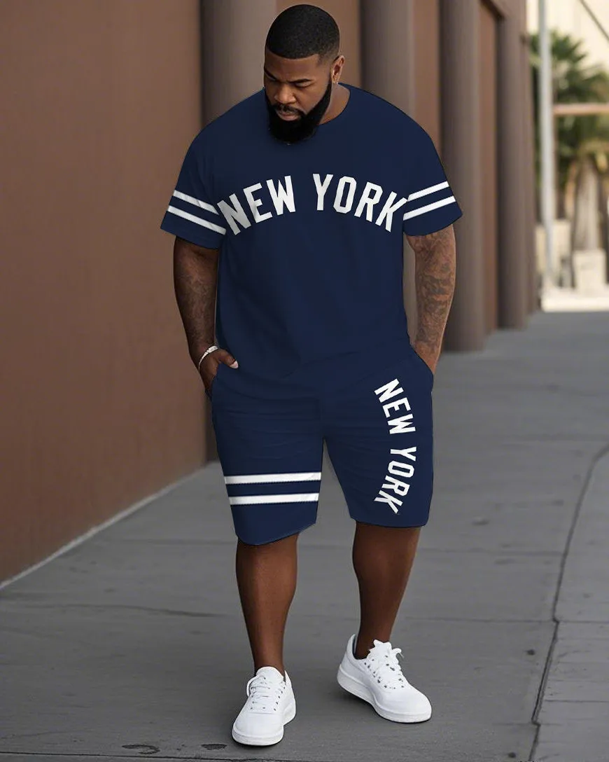 Men's Plus Size Old School New York Lettering Stripes Short Sleeve T-Shirt Shorts Suit sold by Biggmans