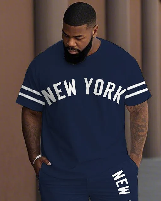 Men's Plus Size Old School New York Lettering Stripes Short Sleeve T-Shirt Shorts Suit sold by Biggmans product image thumbnail 2