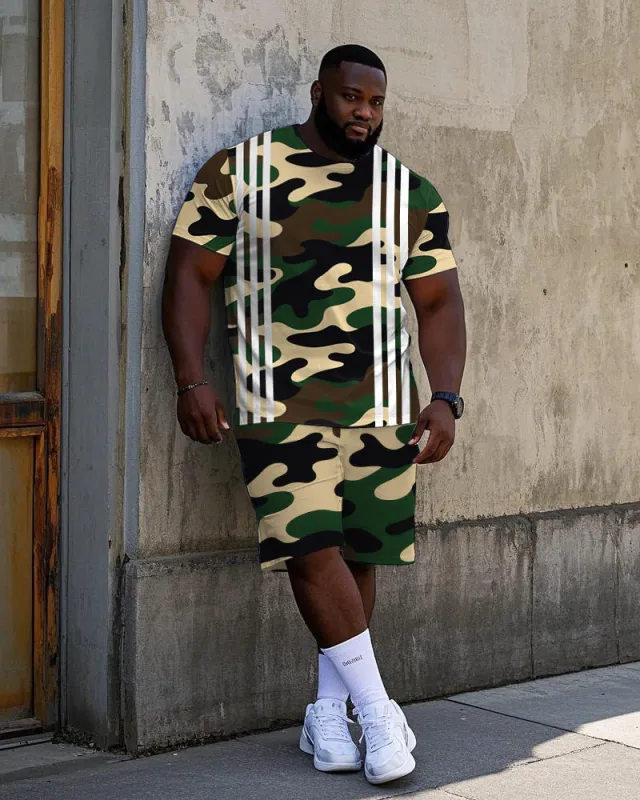 Big Men's Simple Camouflage White Stripe Printed Street Fashion Short Sleeve T-Shirt Shorts Set sold by Biggmans