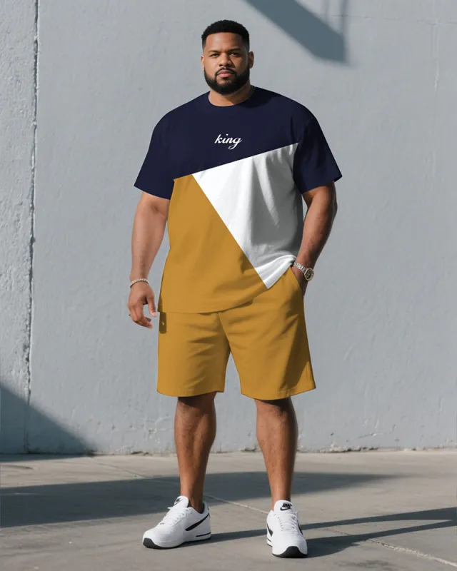 Men's Plus Size Dark Blue & Yellow & White Fashion Round Neck Short Sleeve T-Shirt Shorts Suit sold by Biggmans
