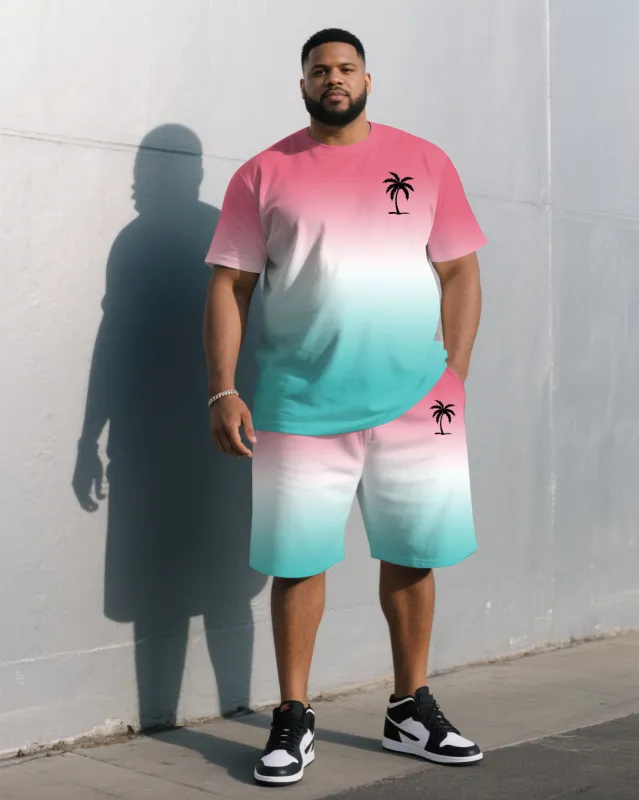 Men's Plus Size Fashion Pink & White & Blue Chest Small Label Printed Round Neck Short Sleeve T-Shirt Shorts Suit sold by Biggmans