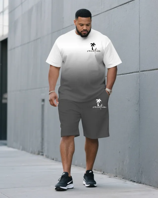 Men's Plus Size Grey & White Gradient Chest Vacation Small Label Coconut Tree Printed Round Neck Short Sleeve T-Shirt Suit Pants sold by Biggmans