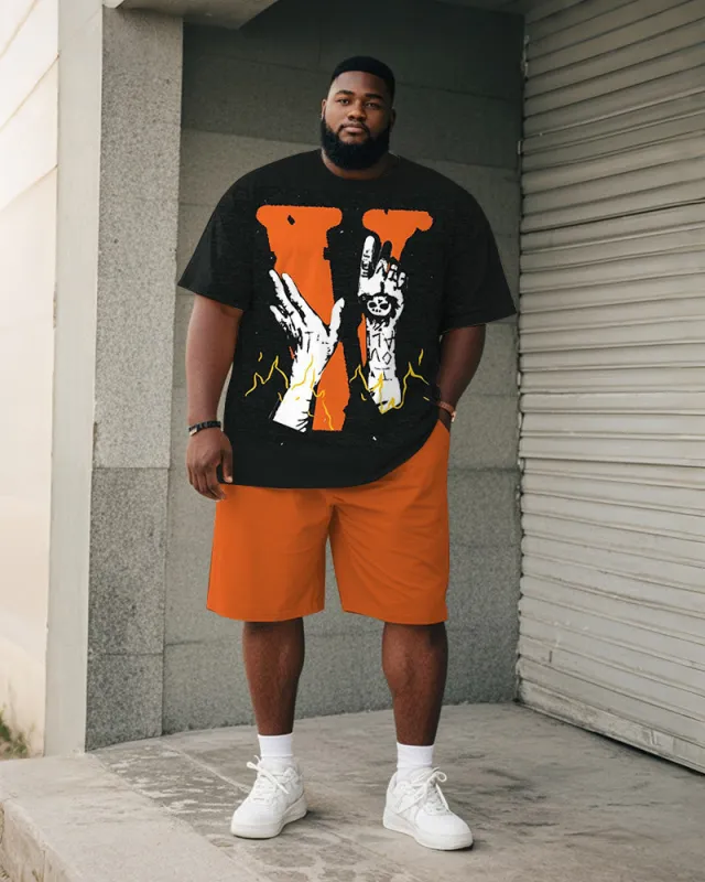 Big & Tall Men's Orange Skull Alphabet Print Round Neck Short Sleeve T-Shirt Shorts Suit sold by Biggmans