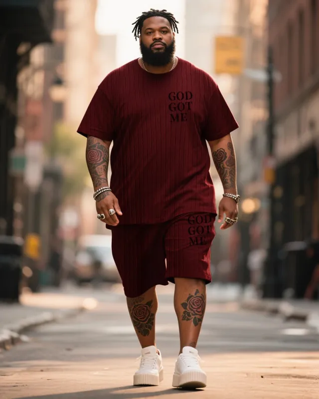 Big & Tall Men's Wine Red Simple Letter Twist Knit Crew Neck Short Sleeve T-shirt Shorts Suit sold by Biggmans