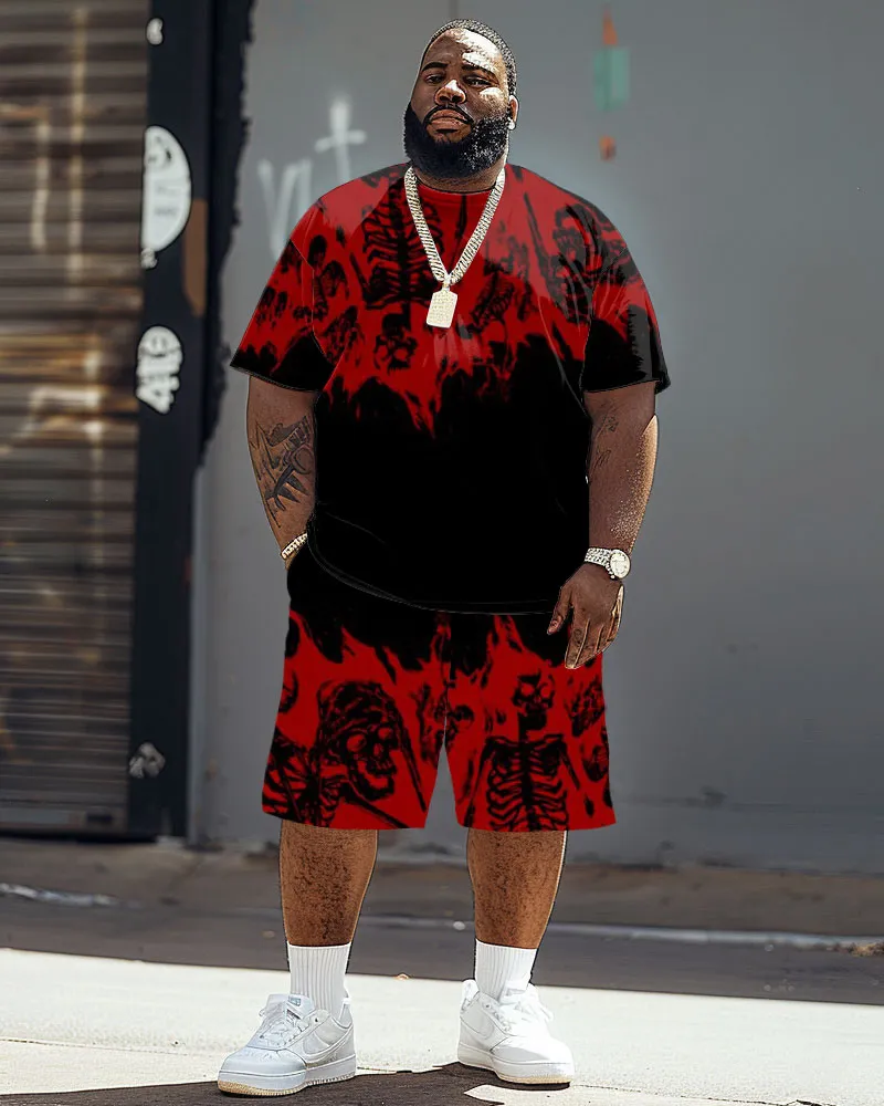 Men's Big & Tall Street Fashion Horror Skeletons In Fire Print T-Shirt Shorts Set sold by Biggmans