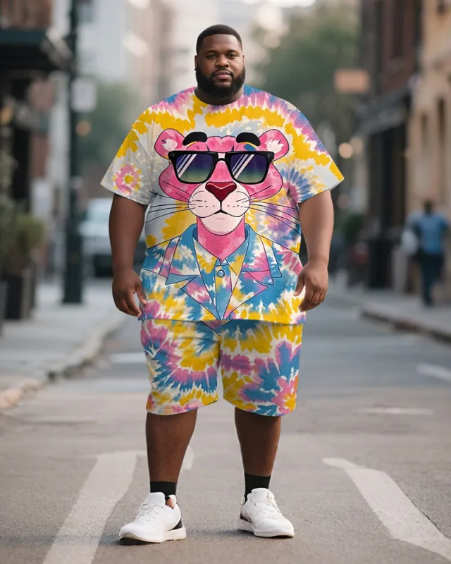 Men's Plus Size Pink Tie Dye Graffiti Cartoon Print Short Sleeve T-Shirt Shorts Suit sold by Biggmans