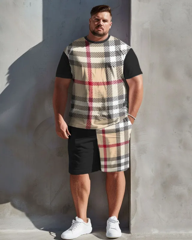 Men's Plus Size Fashion Plaid Stitching T-Shirt Shorts Set sold by Biggmans