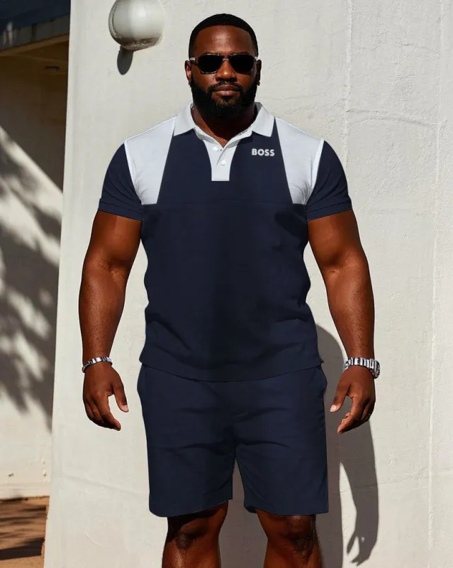 Royal Blue Boss Logo Printed Casual Short-sleeved POLO Shorts Set Big & Tall Men's sold by Biggmans