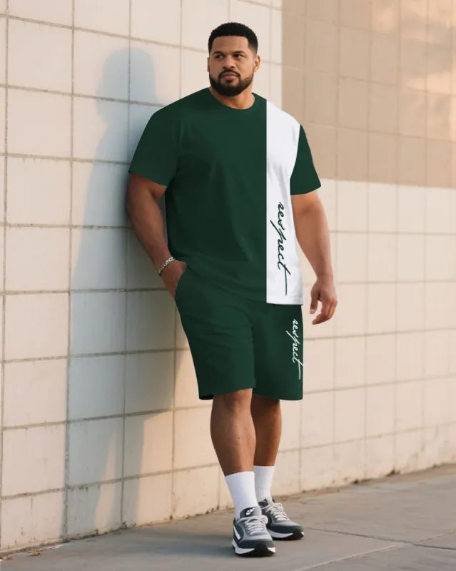 Men's Plus Size Casual Simple Green & White Color-block Handwritten "Respect" Printed Short-sleeved T-shirt Shorts Suit sold by Biggmans