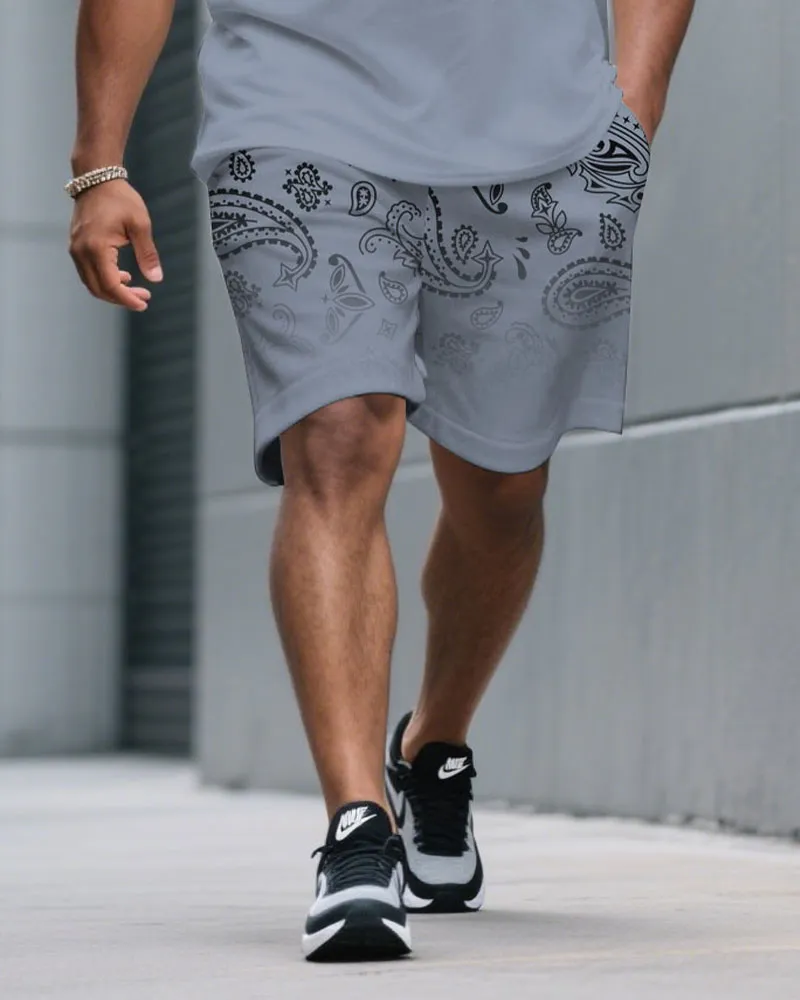 Men's Plus Size Gray Blue Gradient Paisley Pattern Round Neck Short Sleeve T-shirt Shorts Suit sold by Biggmans product image thumbnail 3