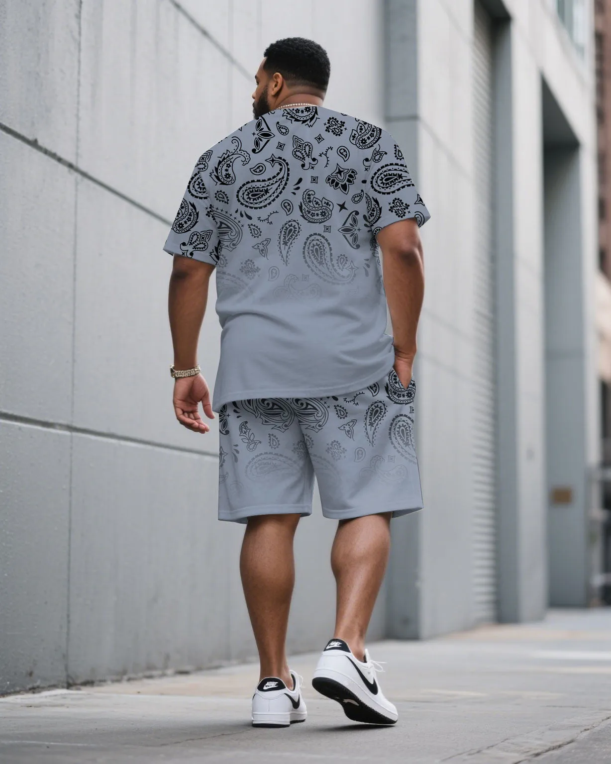 Men's Plus Size Gray Blue Gradient Paisley Pattern Round Neck Short Sleeve T-shirt Shorts Suit sold by Biggmans product image thumbnail 4