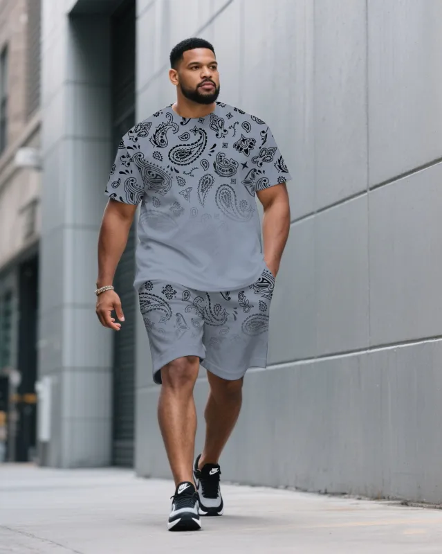 Men's Plus Size Gray Blue Gradient Paisley Pattern Round Neck Short Sleeve T-shirt Shorts Suit sold by Biggmans