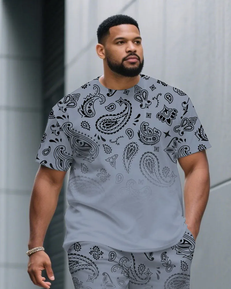 Men's Plus Size Gray Blue Gradient Paisley Pattern Round Neck Short Sleeve T-shirt Shorts Suit sold by Biggmans product image thumbnail 2