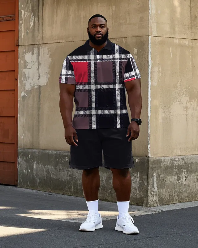 Big Men's Plaid Geometric Pattern Letter Printed Casual Short Sleeve Polo Shirt Shorts Set sold by Biggmans