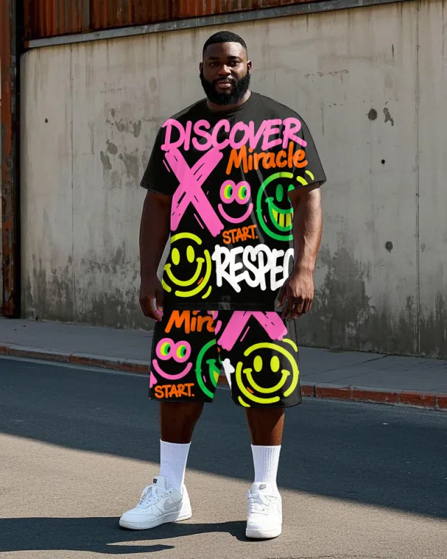Big Men's Hip Hop Letter Smiley Face Graffiti Street Fashion Short Sleeve T-Shirt Shorts Set sold by Biggmans