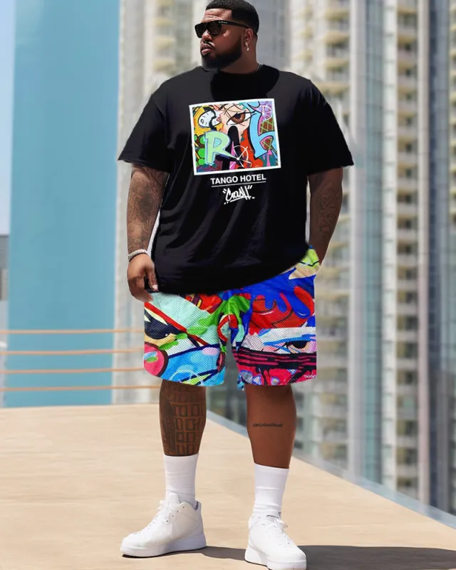 Street Style Graffiti Color Blocking Patchwork Printed Large Men's Set sold by Biggmans