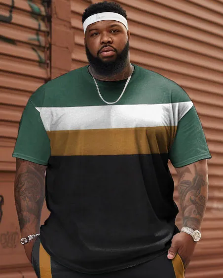 Men's Large Size Contrast Striped Patchwork T-shirt & Shorts Set sold by Biggmans product image thumbnail 2