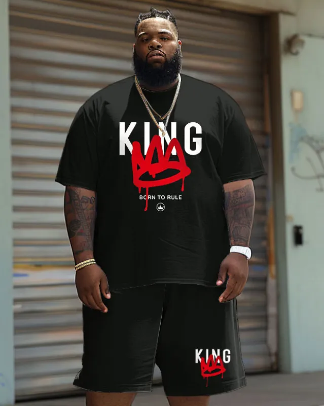 Big & Tall Guy's Casual Graffiti Crown King Alphabet Print T-Shirt Shorts Set sold by Biggmans