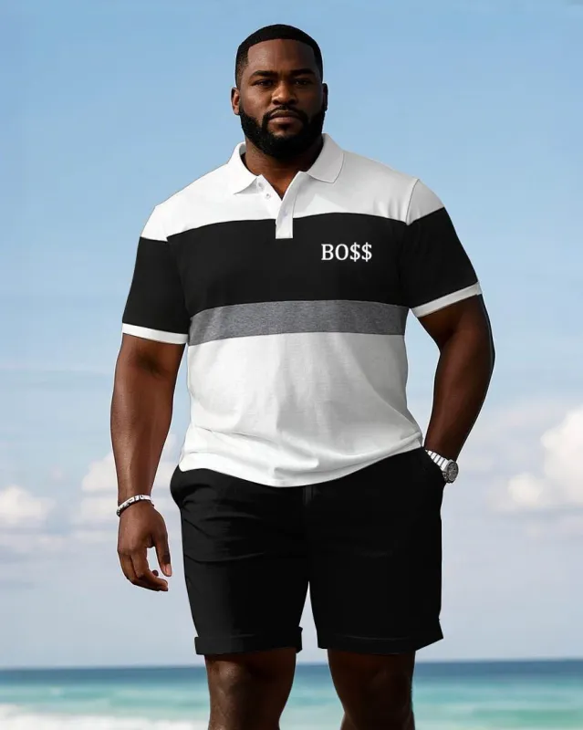 Black & White & Grey Classic Color Patchwork Casual Short-sleeved POLO Shorts Suit Men's Plus Size sold by Biggmans