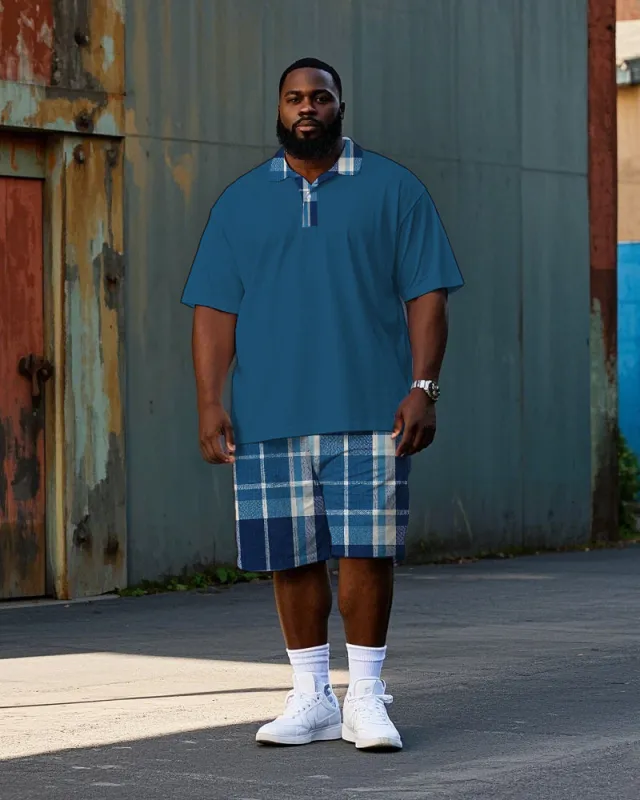 Big Men's Simple Plaid Letter Printed Casual Short Sleeve Polo Shirt Shorts Set sold by Biggmans