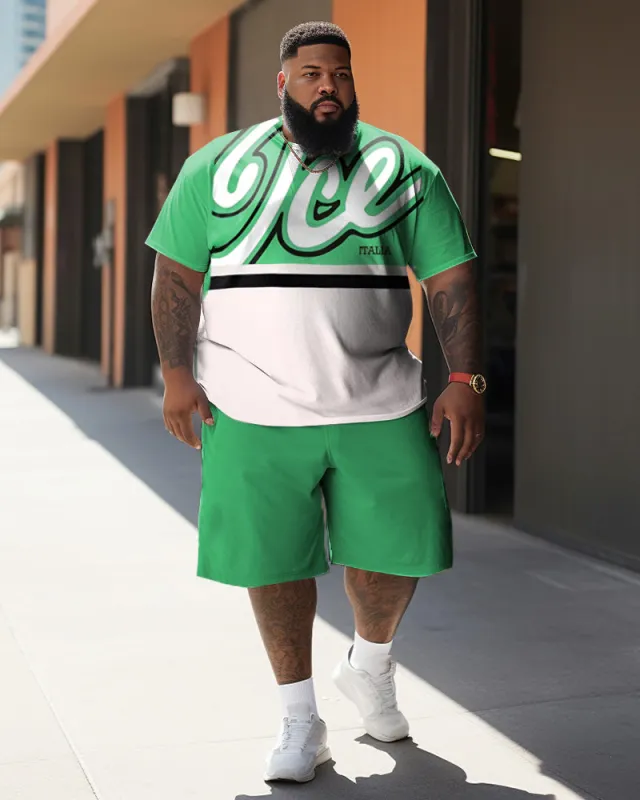 Big & Tall Street Cartoon Color Block Ice Green Graffiti Short-Sleeved Shorts Set sold by Biggmans