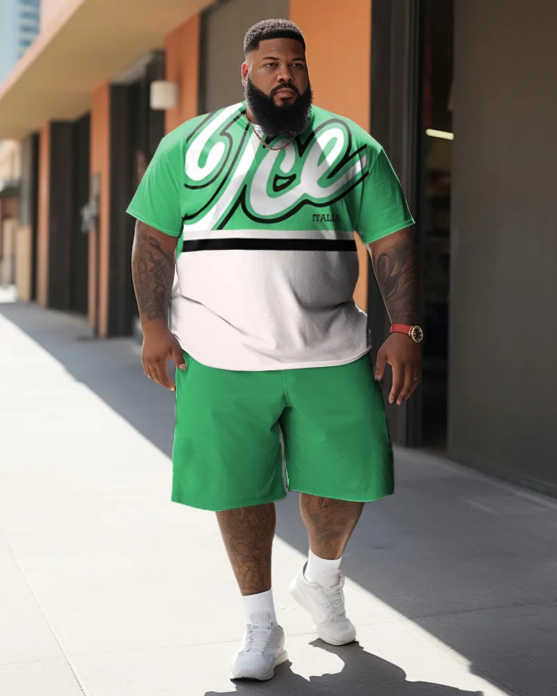Big & Tall Street Cartoon Color Block Ice Green Graffiti Short-Sleeved Shorts Set sold by Biggmans