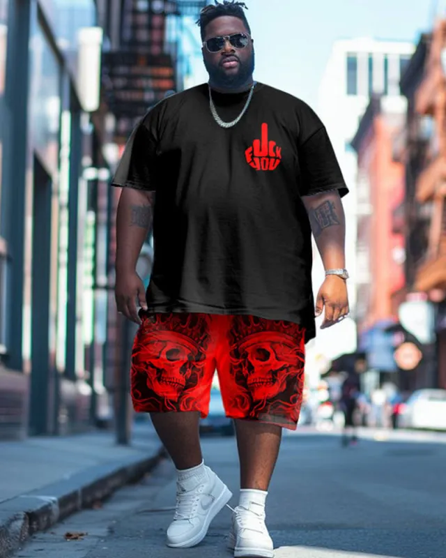 Big Guys Street Fashion Provocation Skull Print T-Shirt Shorts Set made by Biggmans