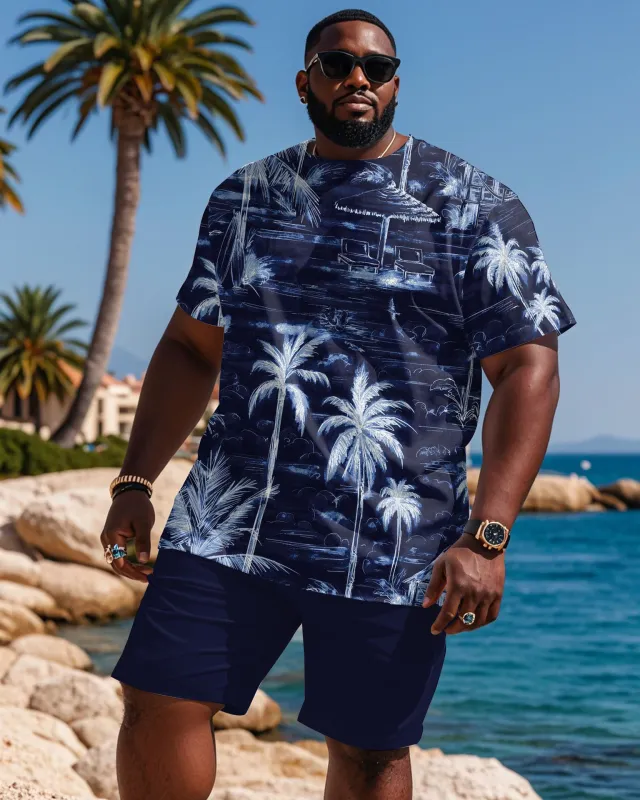 Plus Size Men's Royal Blue Full Print Coconut Tree Print T-Shirt Shorts Suit sold by Biggmans