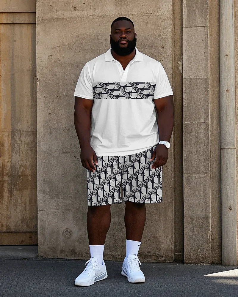 Big Men's Regular Geometric Pattern Letter Printed Short Sleeve Polo Shirt Shorts Set sold by Biggmans