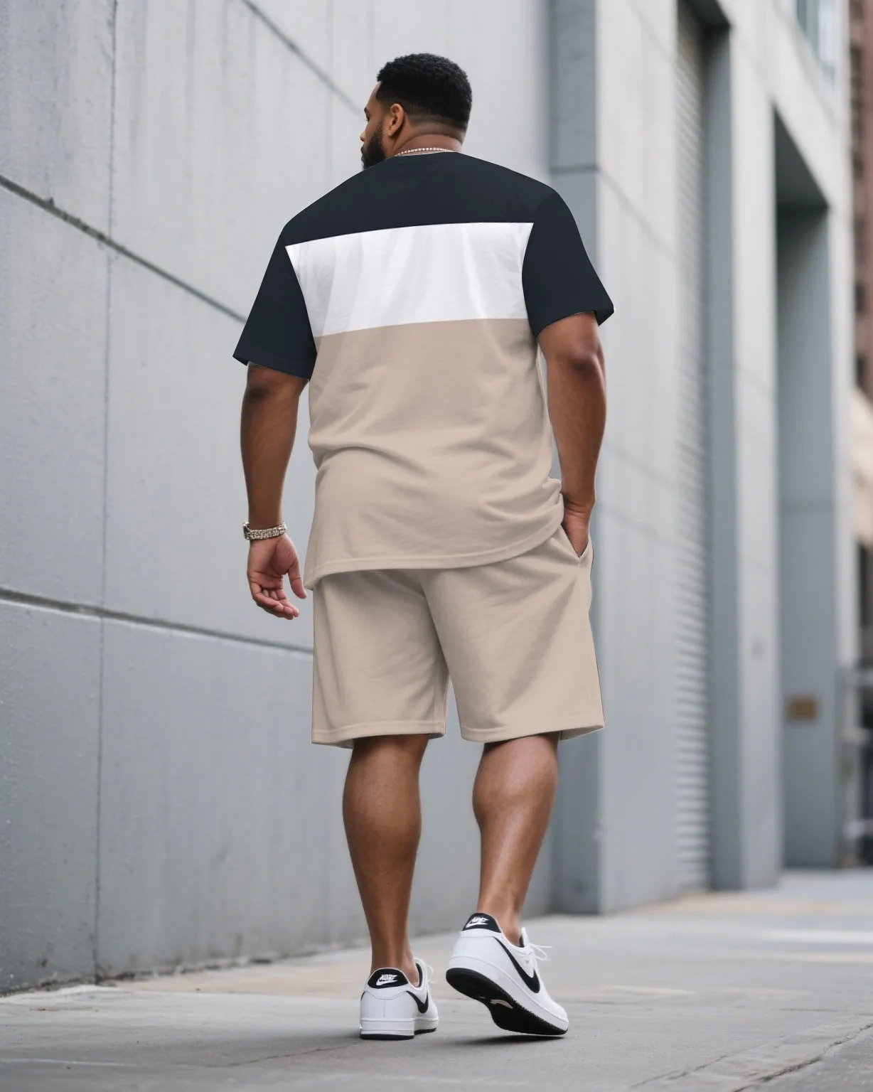 Men's Plus Size Light Khaki & White Navy Blue Colorblock Fashion Round Neck Short Sleeve T-Shirt Shorts Suit sold by Biggmans product image thumbnail 4