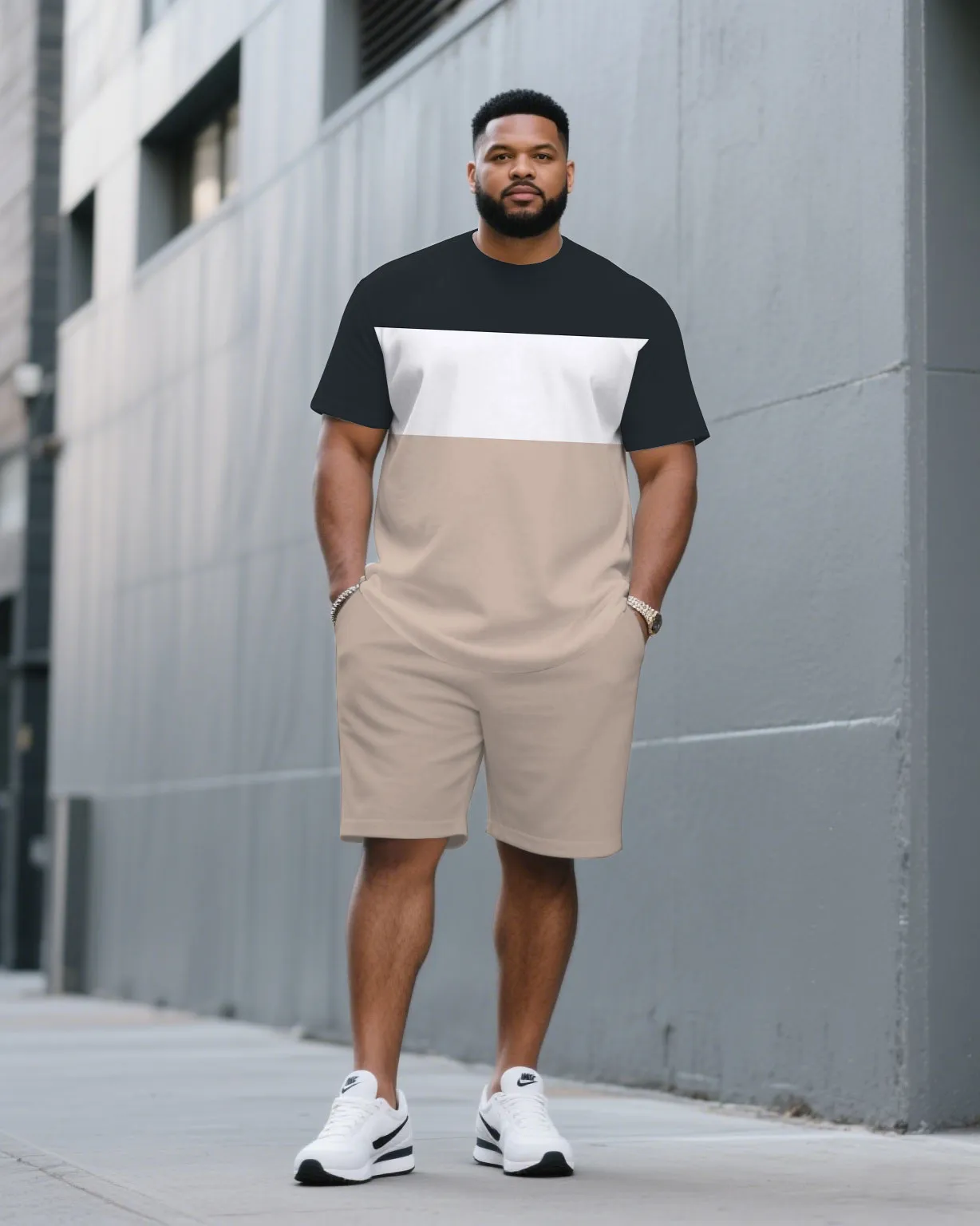 Men's Plus Size Light Khaki & White Navy Blue Colorblock Fashion Round Neck Short Sleeve T-Shirt Shorts Suit sold by Biggmans