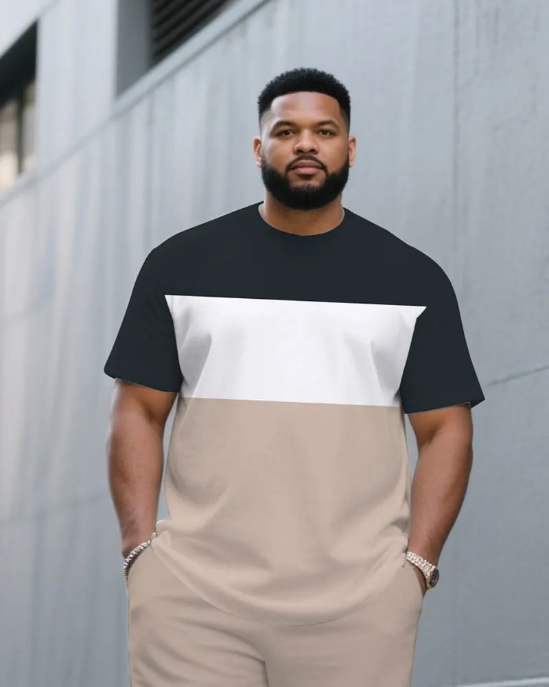 Men's Plus Size Light Khaki & White Navy Blue Colorblock Fashion Round Neck Short Sleeve T-Shirt Shorts Suit sold by Biggmans product image thumbnail 2