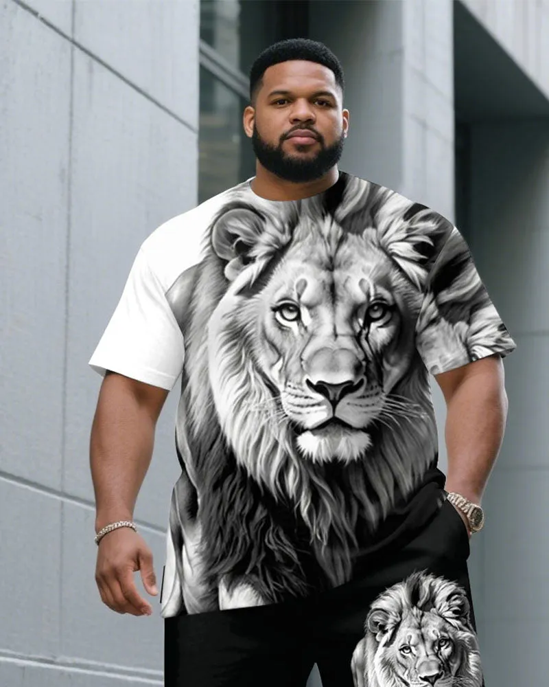 Big & Tall Men White & Black 3D Lion Print Round Neck Short Sleeve T-Shirt Shorts Suit sold by Biggmans product image thumbnail 2