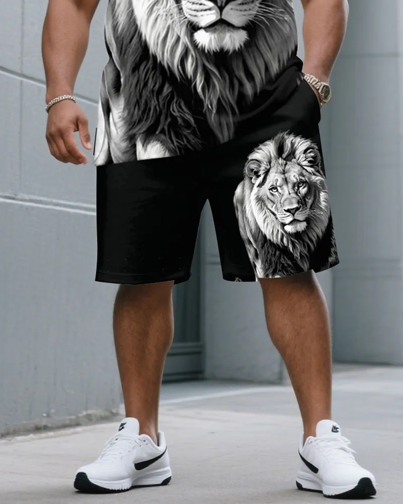 Big & Tall Men White & Black 3D Lion Print Round Neck Short Sleeve T-Shirt Shorts Suit sold by Biggmans product image thumbnail 3