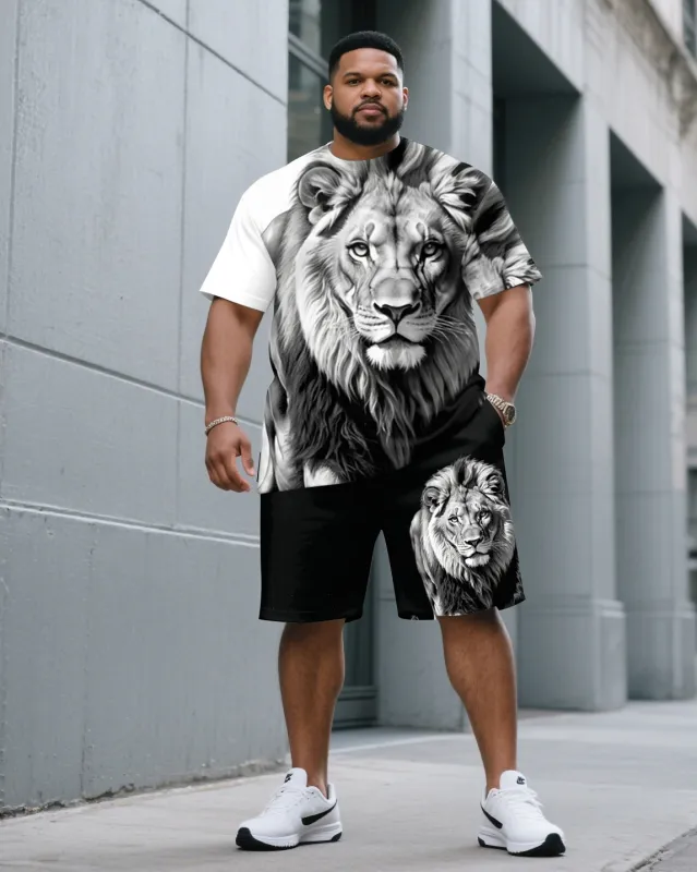 Big & Tall Men White & Black 3D Lion Print Round Neck Short Sleeve T-Shirt Shorts Suit sold by Biggmans