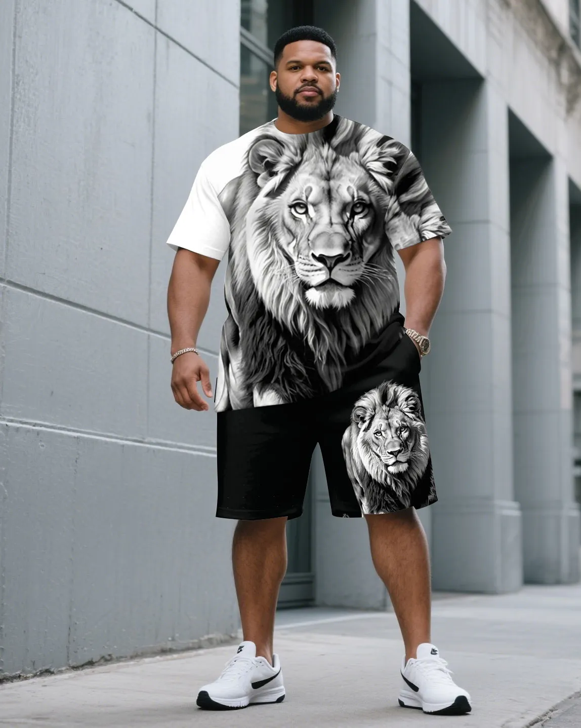 Big & Tall Men White & Black 3D Lion Print Round Neck Short Sleeve T-Shirt Shorts Suit sold by Biggmans