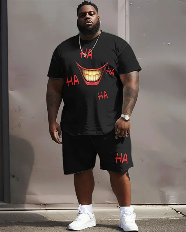 Big Men's Street Casual Funny Mouth HA Printed T-Shirt Shorts Set sold by Biggmans