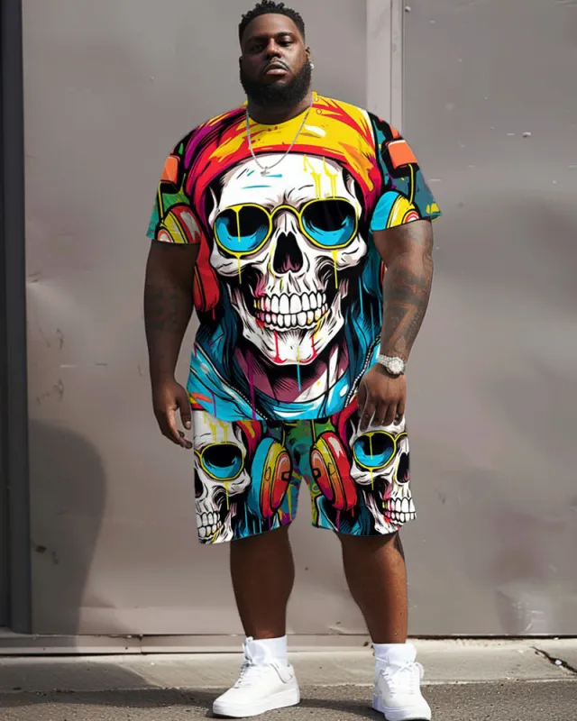 Big Men's Street Fashion Colorful Graffiti Skull Print T-Shirt Shorts Set sold by Biggmans