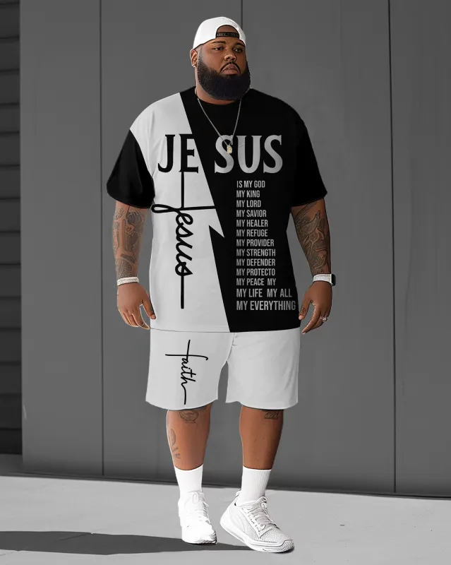 Men's Plus Size Jesus Faith Contrast Color Short Sleeve T-Shirt Shorts Suit sold by Biggmans