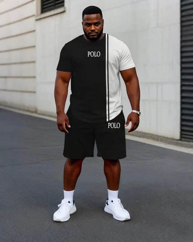 Men's Plus Size Casual Black & White Colorblock Chest Small Label Printed Short Sleeve T-Shirt Shorts Suit sold by Biggmans