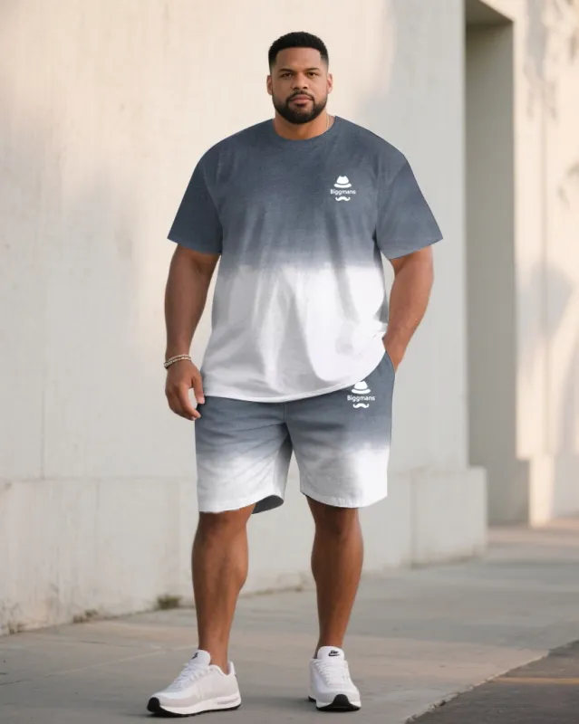 Big & Tall Men Fog Grey & White Gradient Contrast Color Chest Small Label Printing Crewneck Short Sleeve T-shirt Shorts Suit sold by Biggmans
