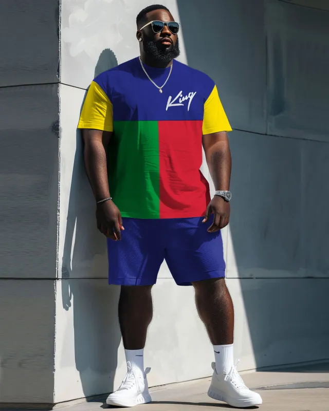 Street Casual Color Block Contrast King Letter Print Large Men's Set sold by Biggmans