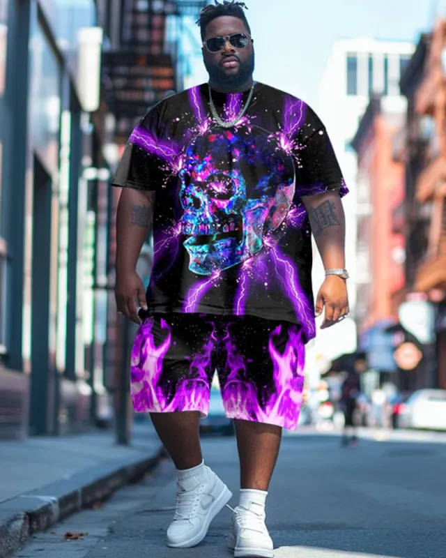Men's Plus Size Street Fashion Electric Shock Spark Skull Print T-Shirt Shorts Set sold by Biggmans