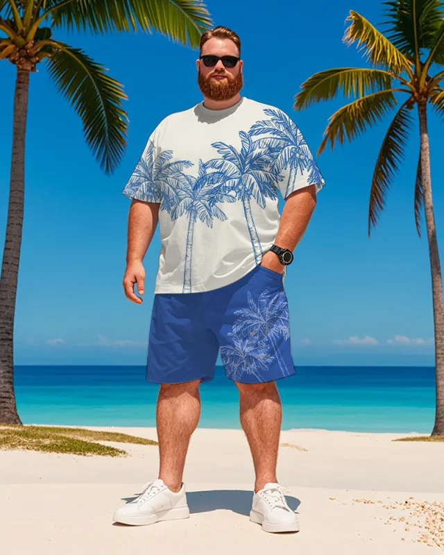 Men's Plus Size Hawaiian Blue Coconut Tree Print T-Shirt Shorts Suit sold by Biggmans
