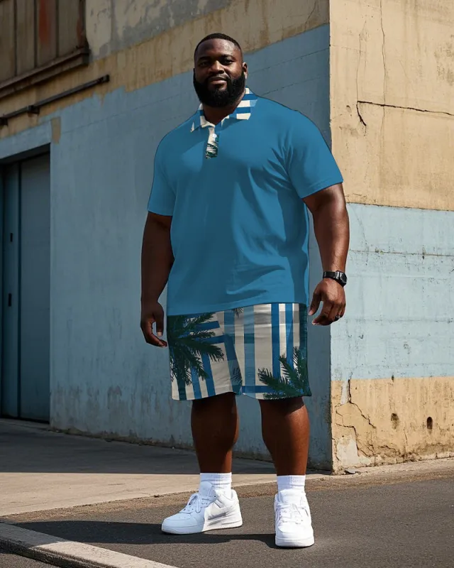 Men's Big Size Hawaiian Coconut Tree Simple Blue Stripe Printed Short Sleeve Polo Shirt Shorts Set sold by Biggmans